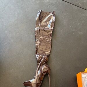 Public Desire Glossy Brown Over-the-Knee Boots